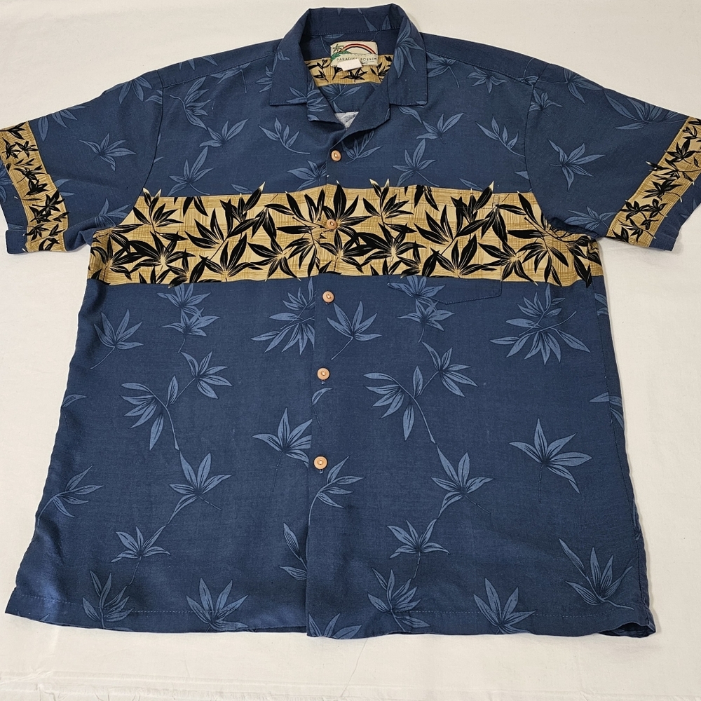 Paradise Found Vtg Hawaiian Luau Blue & Tan Floral Button Down Shirt Men's Large